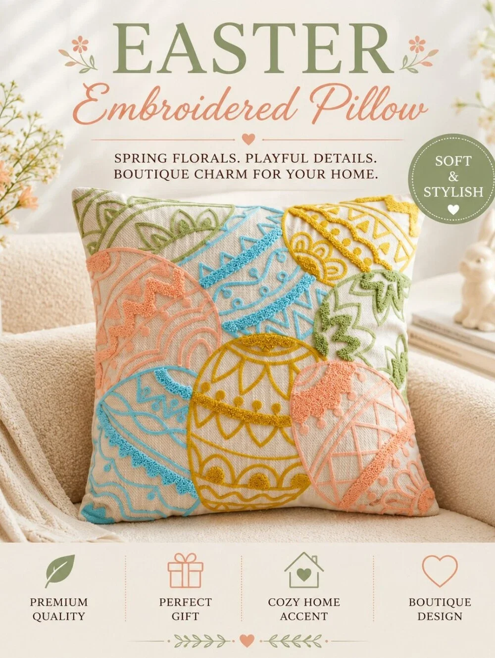 Easter Embroidered Decorative Pillow - Pastel Multicolor With Insert